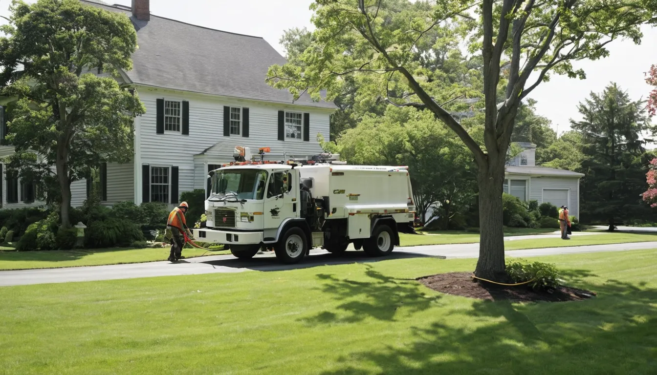 A tree provider's crew safely lowering a large limb in a residential yard in Waterbury