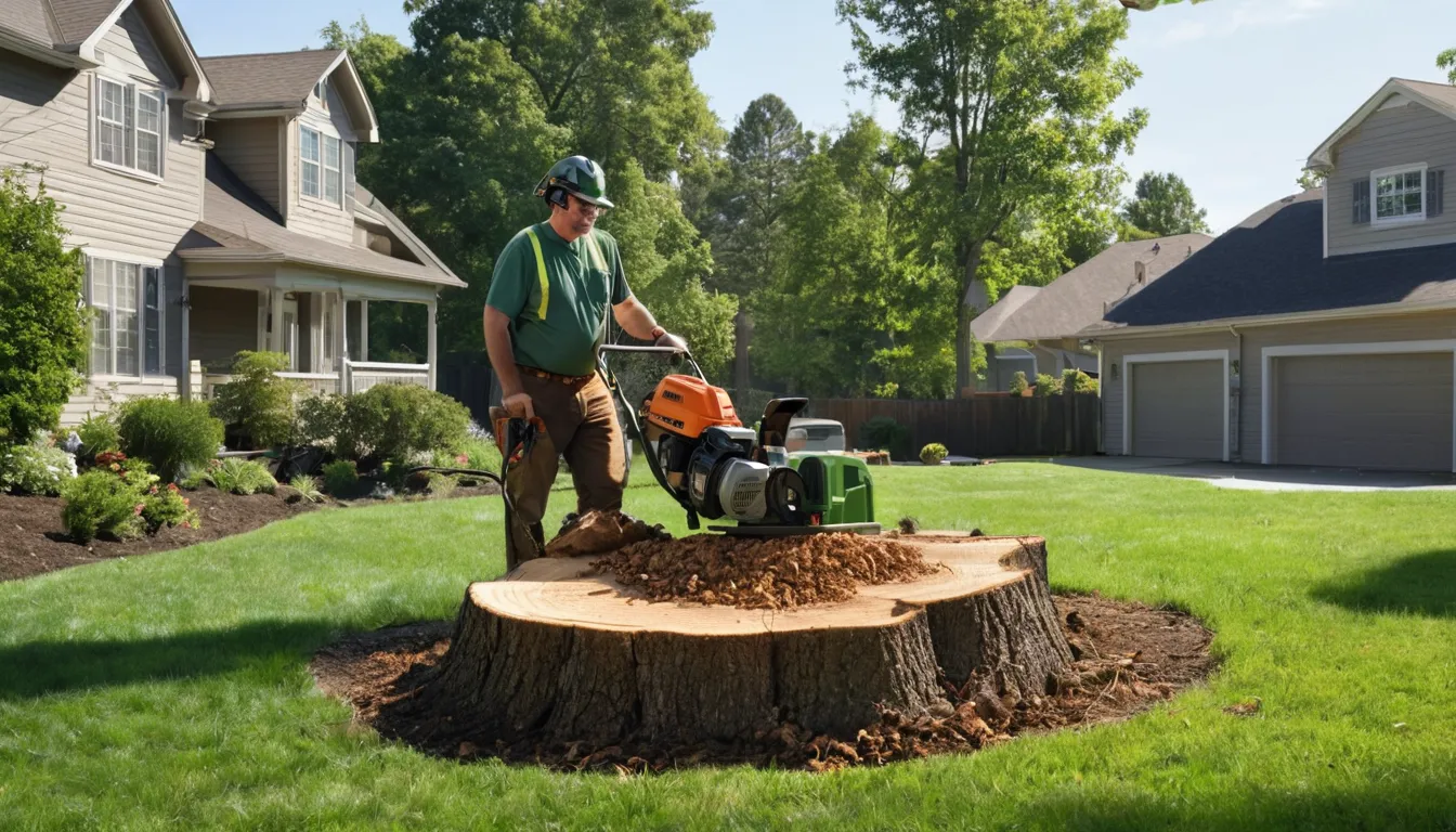 A local provider grinding a tree stump in a backyard in Waterbury